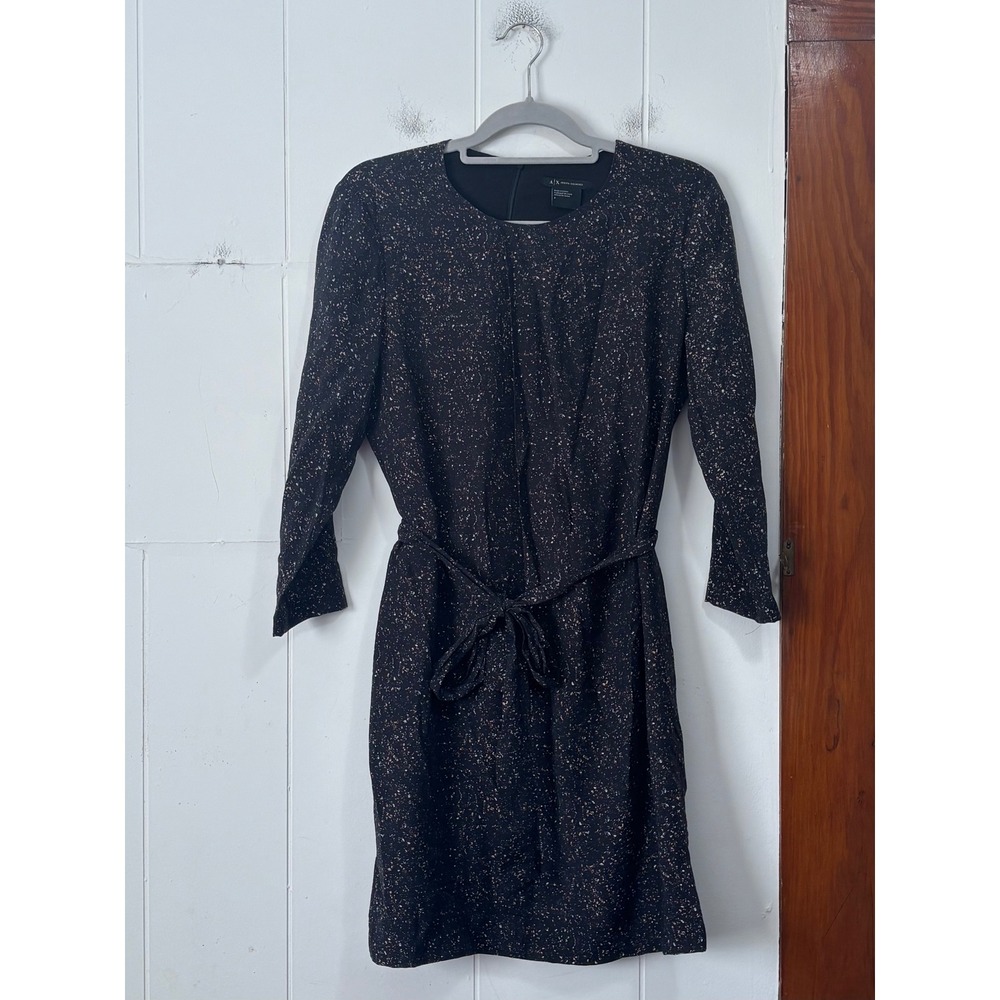 Armani Exchange Womens Black Metallic Speckled Long Sleeve Belted Shift Dress 8